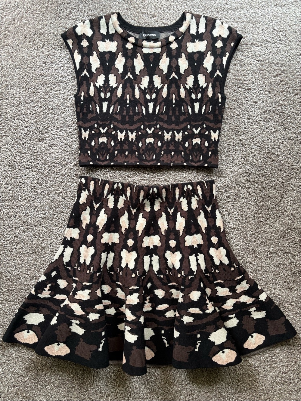 Express Brown & Cream Patterned Knit Skirt Set